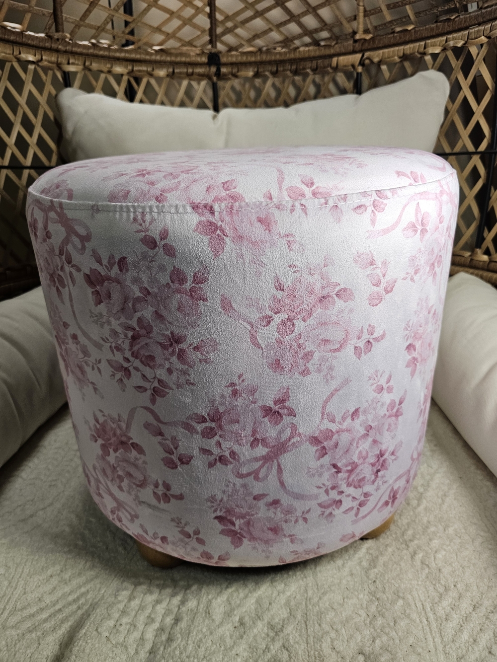 Pink Bow Coquette Velvet Floral Rose Ottoman by Studio D'Artisan Viral Htf
